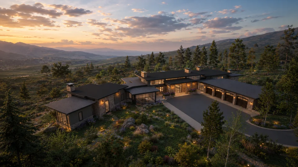 Mountain Residence Concept 01 overlooking a wooded mountain valley at sunset