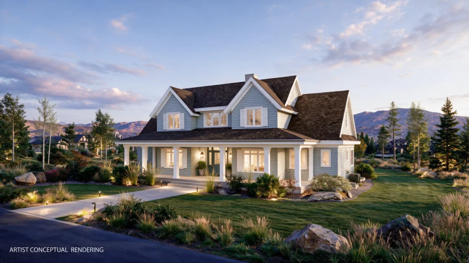 Silver Creek Residence with gabled roofs, a covered porch, and mountain landscaping